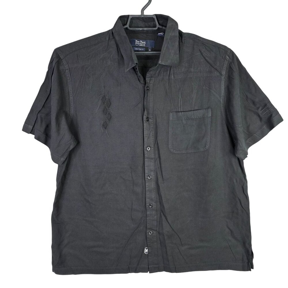 Mens Nat Nast Black 100% Silk Shirt Embroidered Button Up Short Sleeve Size XL